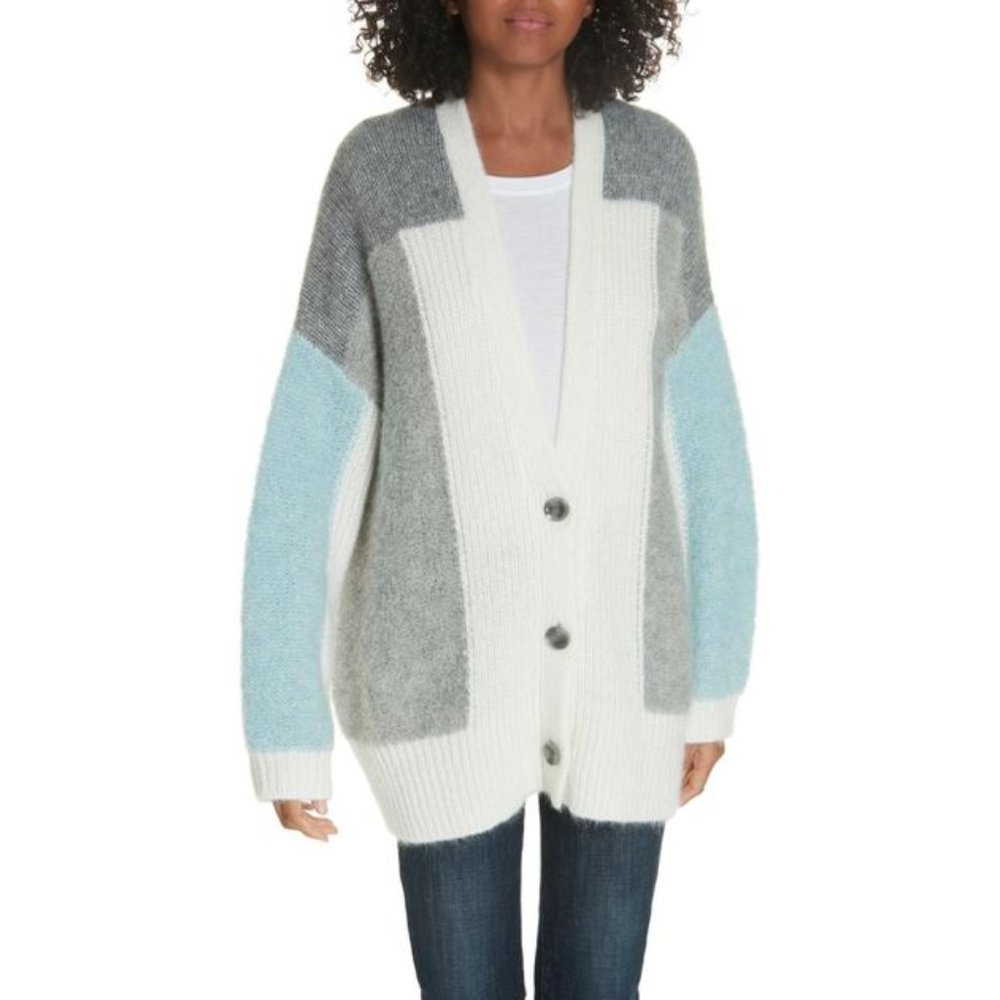 Lewit Teal Grey Wool Boucle V Neck Cardi Sweater